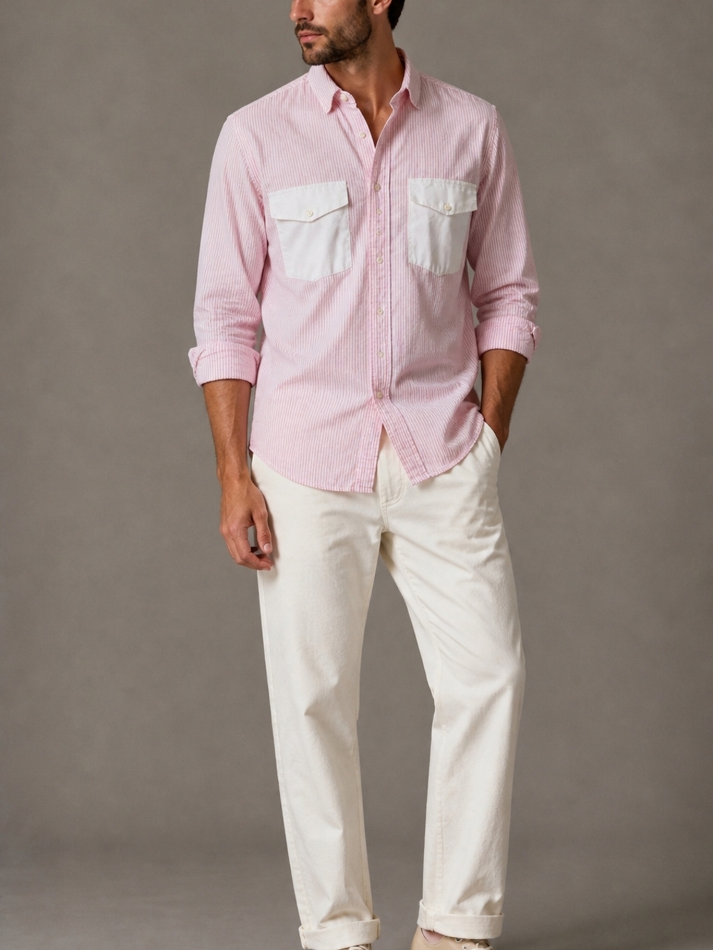 Ralph Lauren Pink White Men's Striped Shirt Long Sleeve Preppy Hamptons Summer
